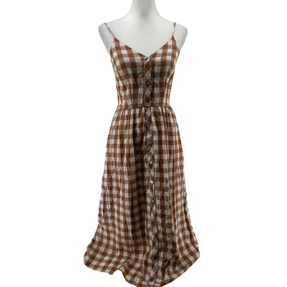 Gingham Midi Dress Womens XS Brown Linen‎ Blend Cottage Country Farmhouse Picnic